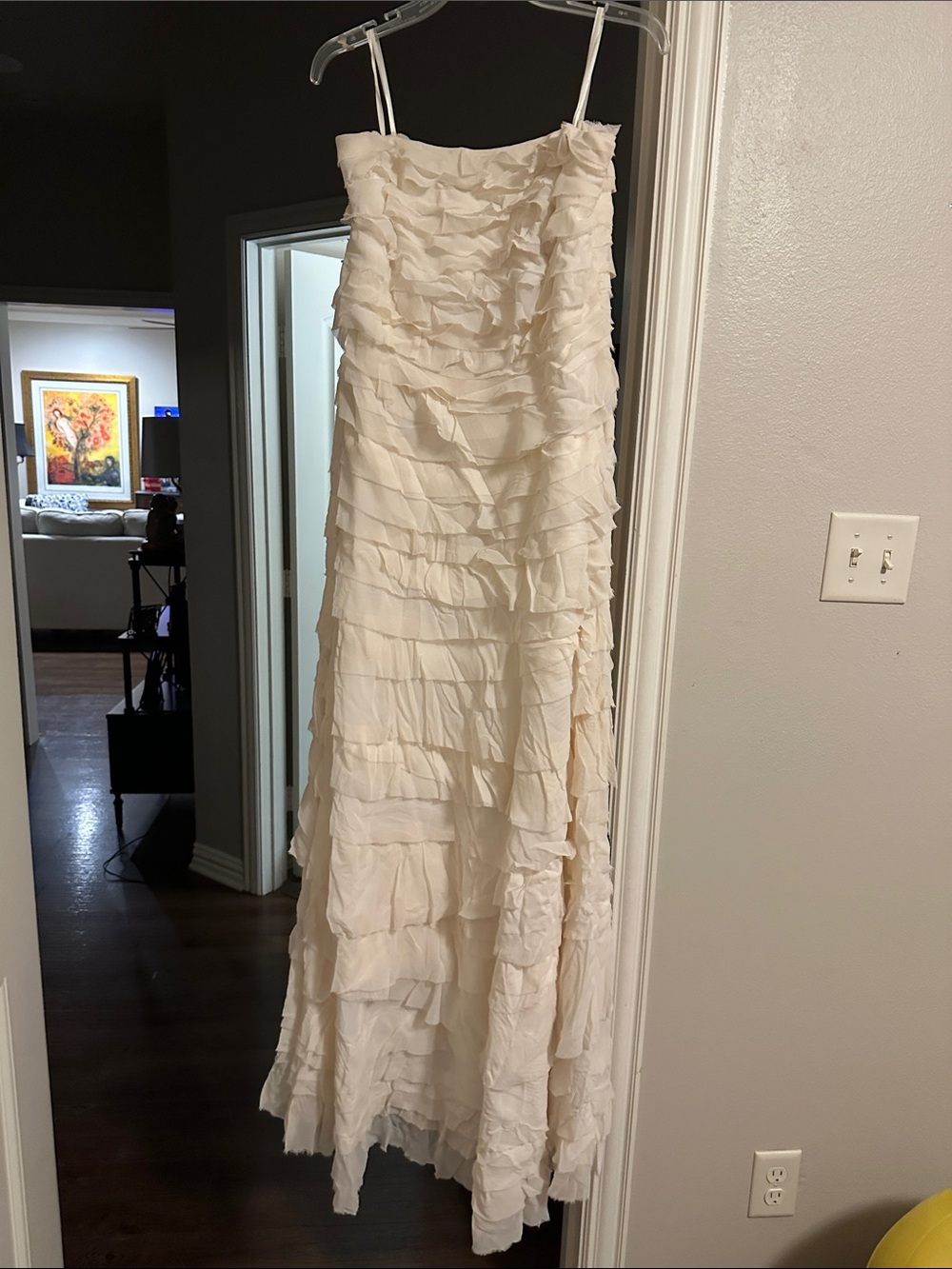 Elegant Cream Ruffled Spaghetti-Strap Maxi Dress